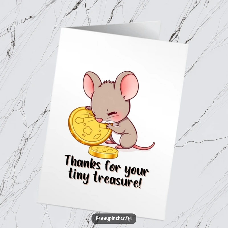 Funny Free Printable Mouse Thank You Card: Mouse character carefully inspecting a single gold coin, showing deep appreciation.