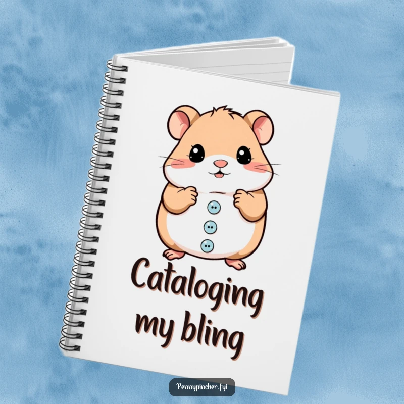 Funny notebook with a hamster character meticulously organizing shiny buttons, ideal for journaling and funny notes.
