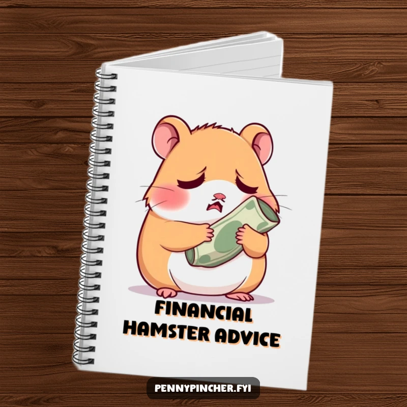 Funny worried hamster character clutching a small rolled-up bill, a humorous notebook for thoughts and lists.