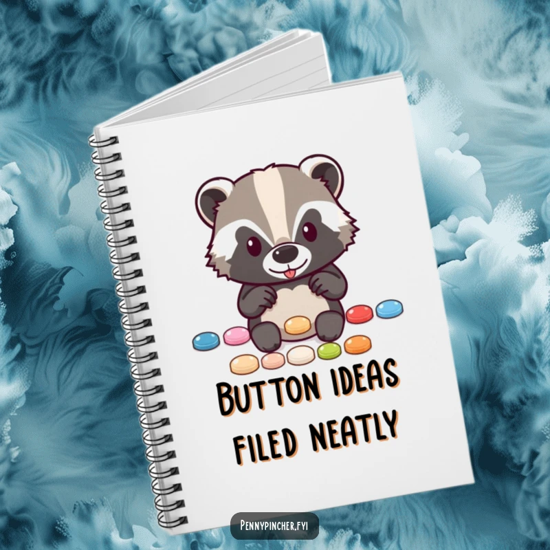 Funny notebook cover featuring a diligent badger character organizing a neat row of shiny buttons, ideal for note-taking.
