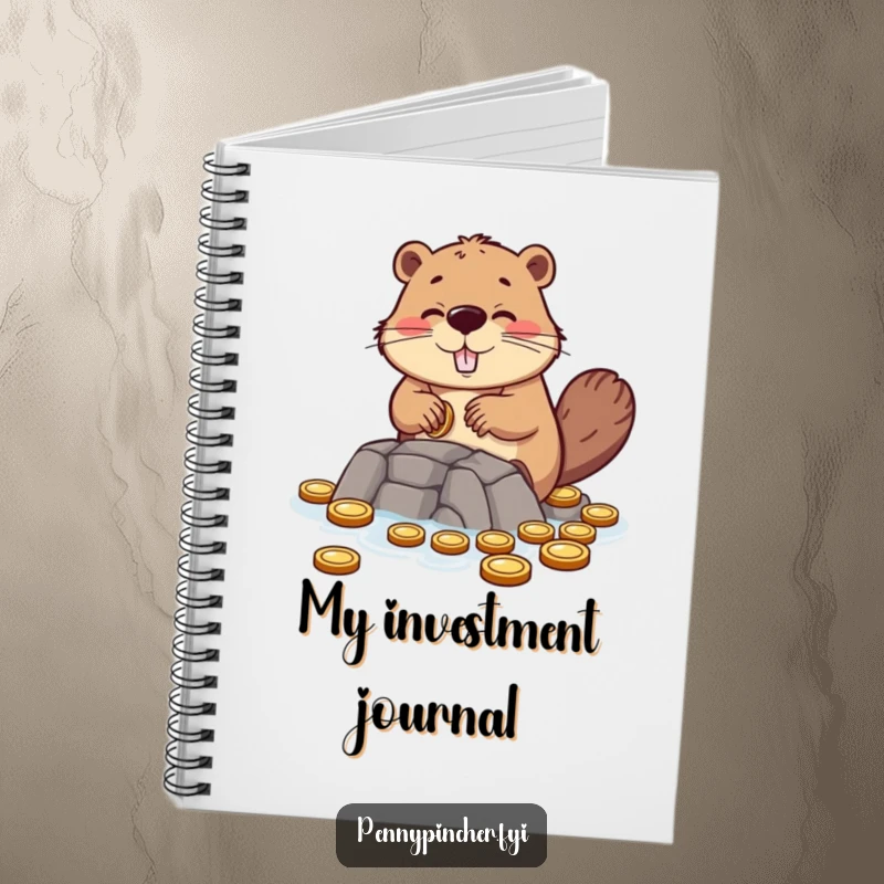 Funny notebook with a hopeful beaver character building a dam of coins, perfect for planning projects.