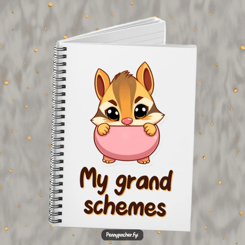 Funny notebook with a cautious chipmunk character peeking into a piggy bank with wide eyes, ideal for note-taking with a humorous, financially prudent theme.