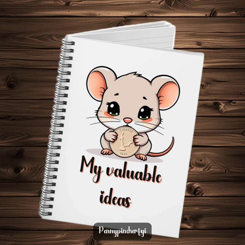 Funny notebook cover featuring a cautious mouse character guarding a shiny penny, inspiring diligent note-taking and appreciation for value.