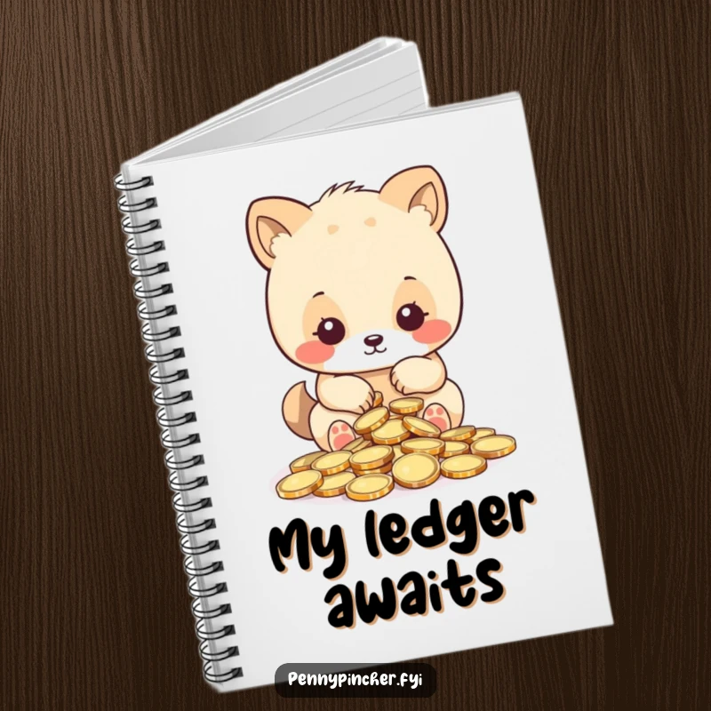 Funny notebook, animal character meticulously counting shiny coins, symbolizing organized thoughts and precise planning with a humorous design.