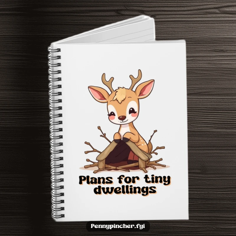 Funny notebook showing a bouncy deer carefully building a tiny shelter out of twigs, perfect for note-taking.