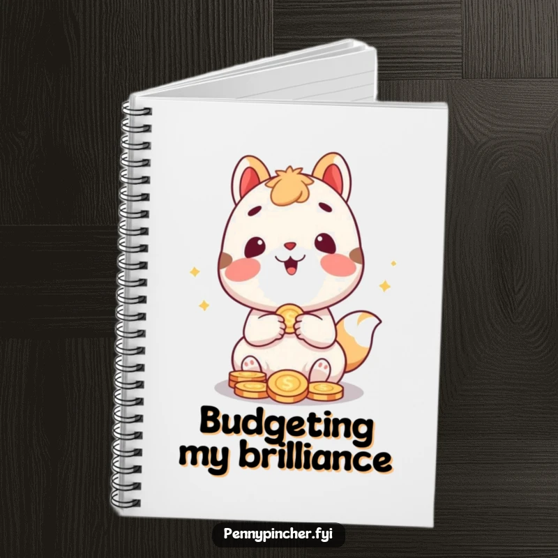 Funny notebook cover featuring a cute animal character gleefully counting coins, ideal for capturing ideas with humor, a funny gift.