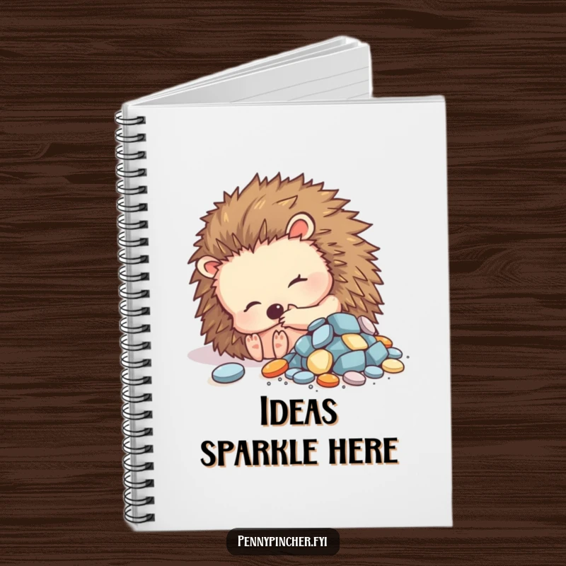 Funny notebook cover featuring a contented hedgehog character curled up beside a small pile of shiny objects, ideal for note-taking.