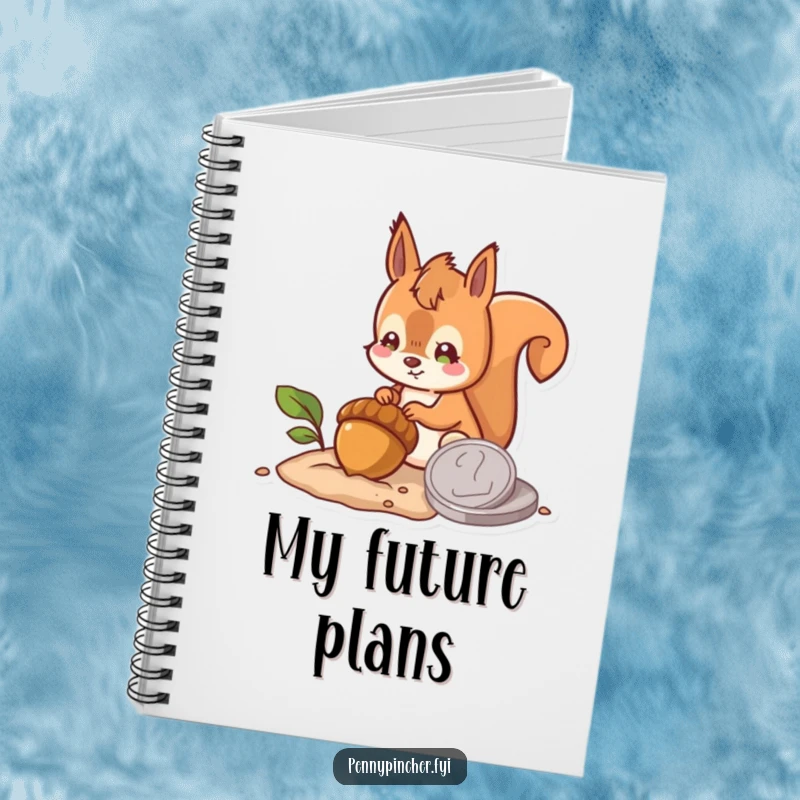 Funny notebook with a hopeful squirrel character burying an acorn next to a large coin, ideal for note-taking with a humorous, future-oriented theme.