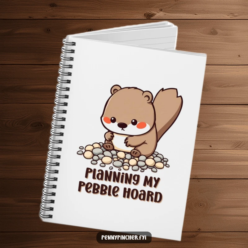 Funny Kawaii beaver notebook with a meticulous pebble-organizing character on the cover, ideal for neat note-taking and journaling.