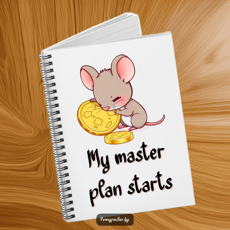 Funny mouse notebook featuring a small mouse carefully examining a large gold coin, ideal for notes, observations, and detailed writing.