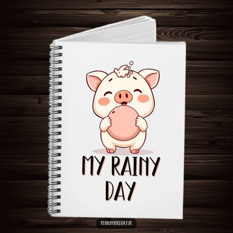 Funny notebook, animal character proudly displaying an overflowing piggy bank, symbolizing financial success and goal tracking with a humorous design.
