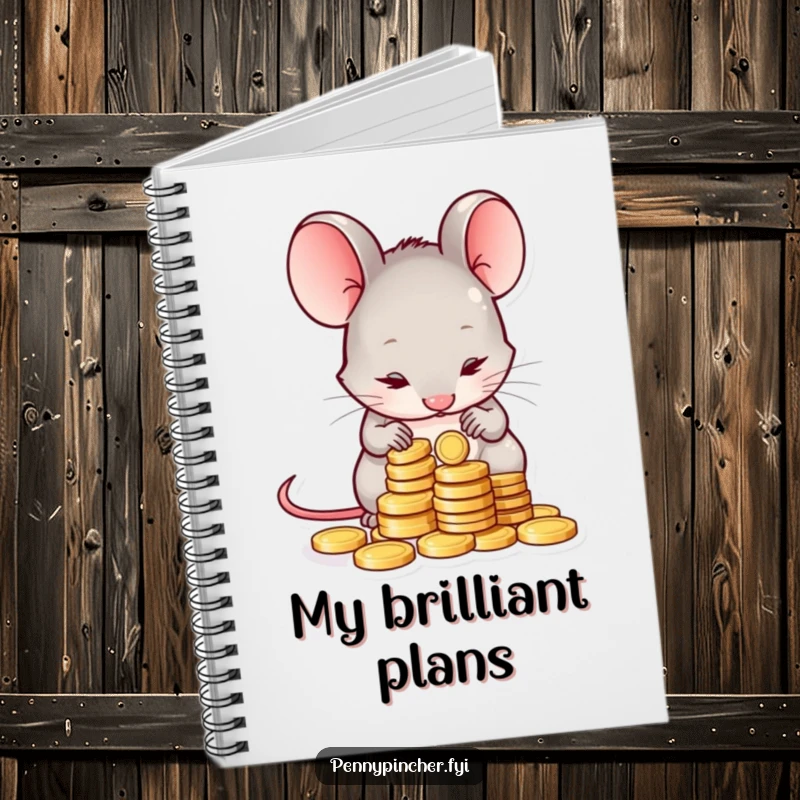 Funny notebook with a shy mouse character diligently counting a small pile of coins, perfect for jotting down notes with a humorous, thrifty theme.