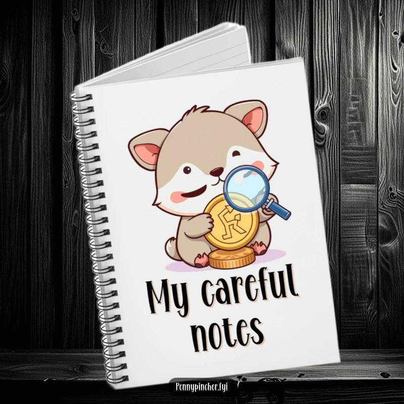Funny notebook, animal character squinting with a magnifying glass over a coin, symbolizing detailed observation and analysis with a humorous design.