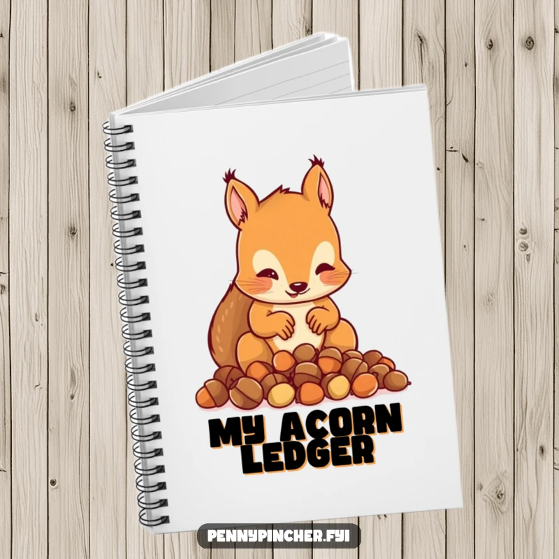 Funny notebook cover with a squirrel character meticulously counting a small pile of acorns, looking very attentive.