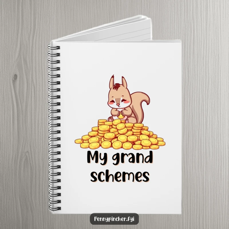 Funny notebook cover featuring a squirrel character meticulously counting shiny coins, inspiring diligent note-taking and financial planning.