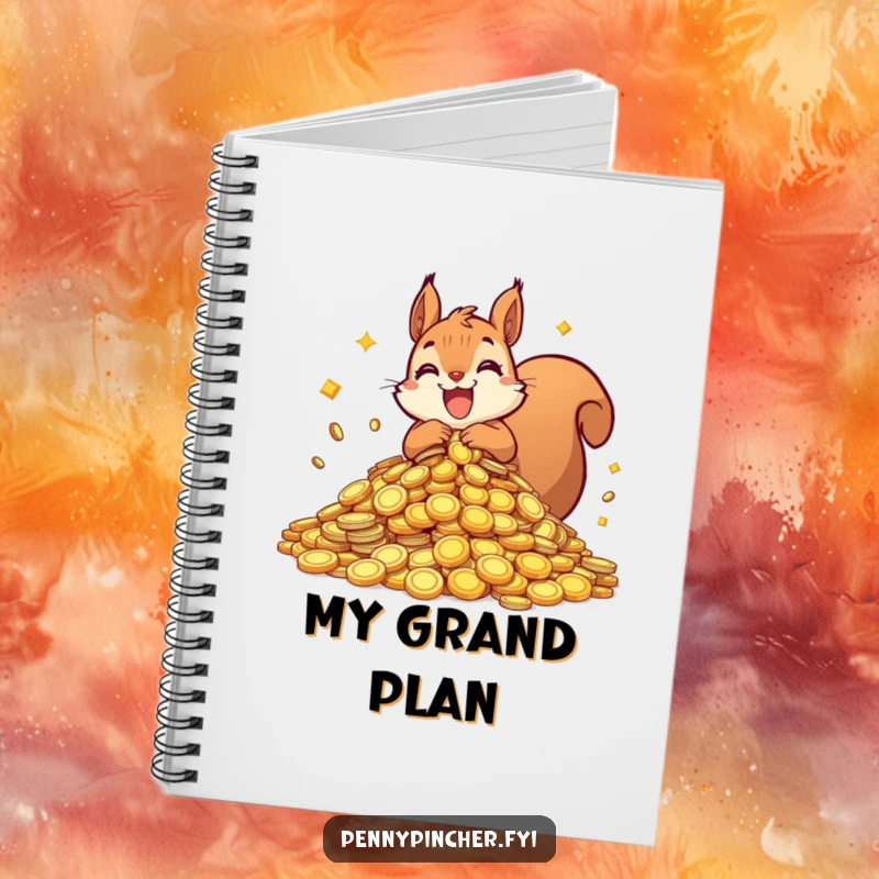 Funny squirrel notebook featuring an ecstatic squirrel with a pile of shiny coins, ideal for notes, goals, and financial planning.