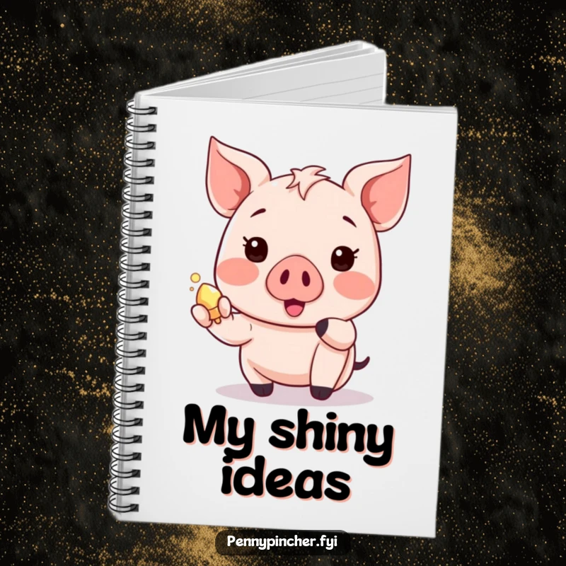 Funny piglet notebook with a happy Kawaii character showing a shiny object, perfect for jotting discoveries.