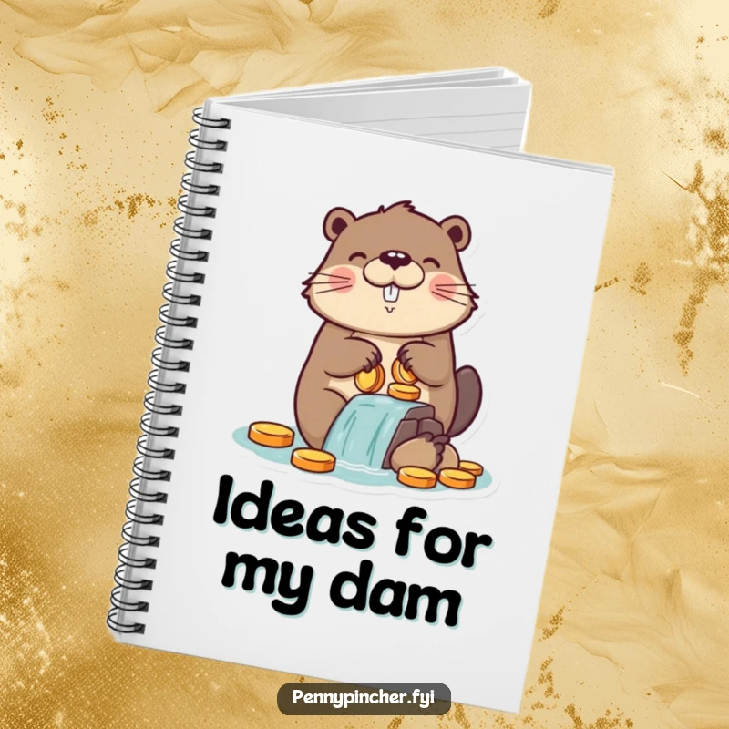 Funny notebook with a proud beaver character building a dam of coins, perfect for jotting down financial notes and humorous thoughts.