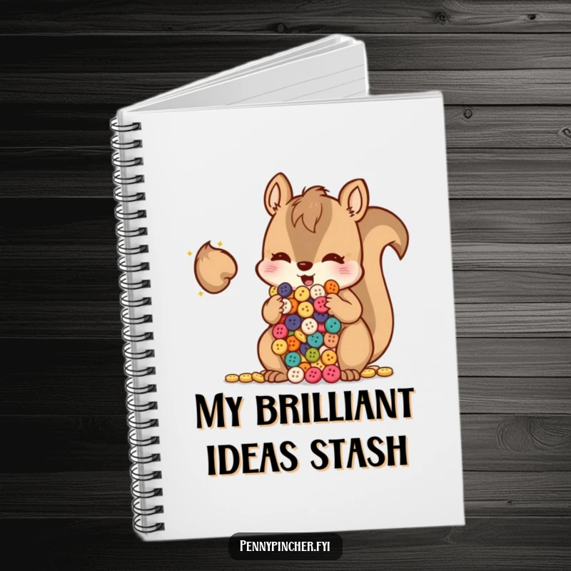 Funny squirrel hoarding shiny buttons in its cheeks, a delightful funny notebook for collectors.