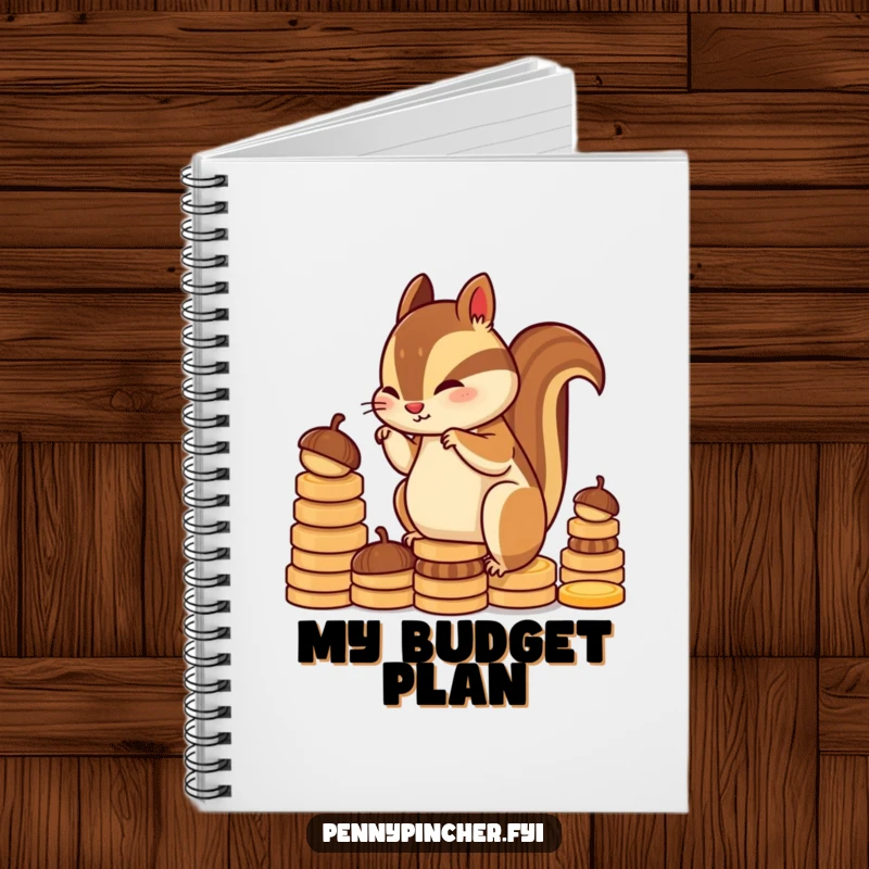 Funny chipmunk character notebook, diligently stacking acorns like coins, a humorous and inspiring companion for planning and note-taking.