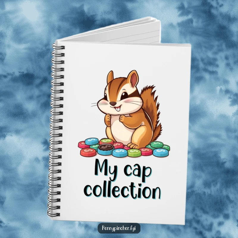 Funny chipmunk notebook, obsessively arranging a neat pile of bottle caps, ideal for note-taking with a humorous collector's spirit.