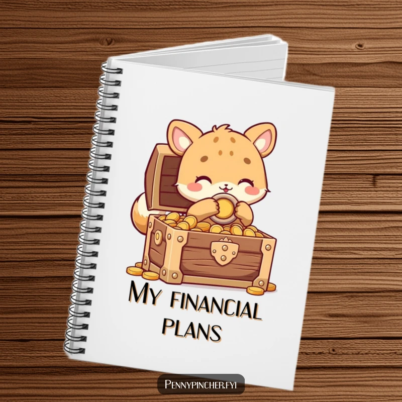 Funny animal character notebook with a creature carefully locking a treasure chest full of coins, ideal for jotting down notes humorously.