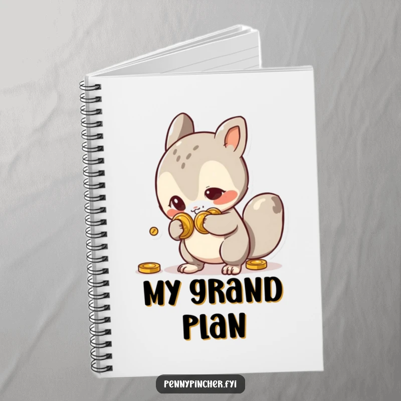 Funny Notebook cover featuring a mischievous animal character slyly hiding coins behind its back, perfect for note-taking with a humorous twist.