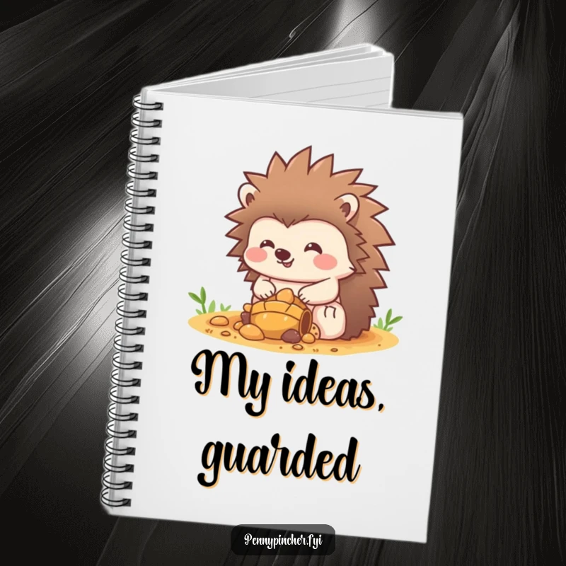 Funny Hedgehog Notebook: A happy hedgehog character enthusiastically guards a small pile of treasure, ready to jot down notes. Useful funny gift!
