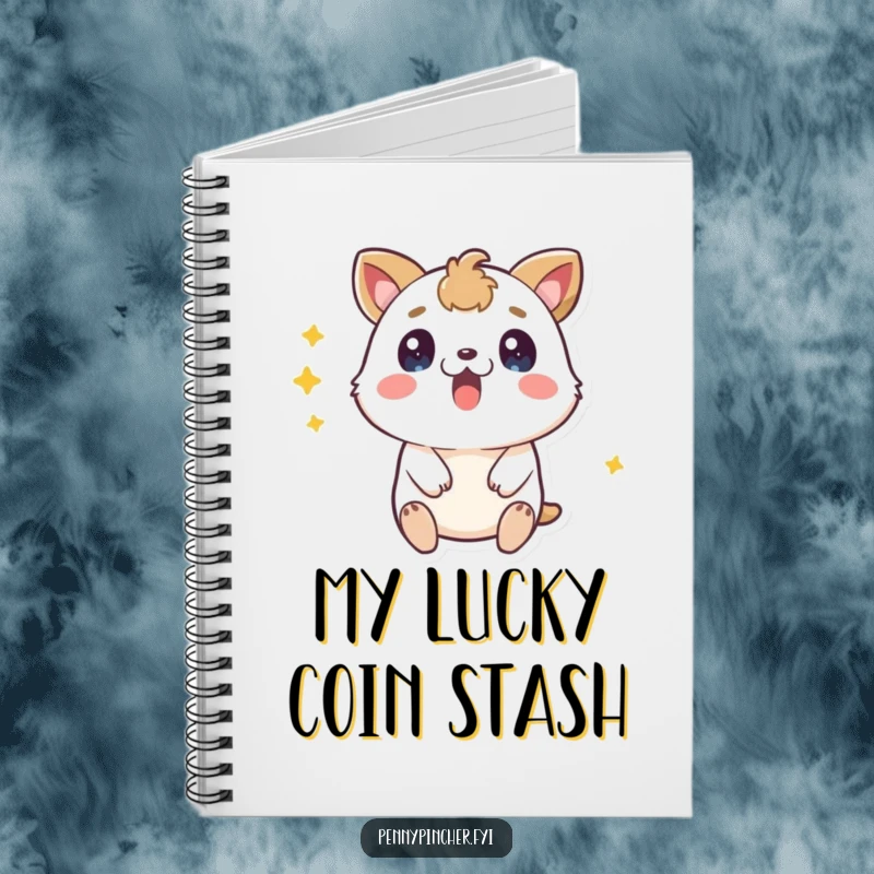Funny surprised animal notebook, eyes wide with delight at a discovered coin, ideal for logging humorous thoughts.