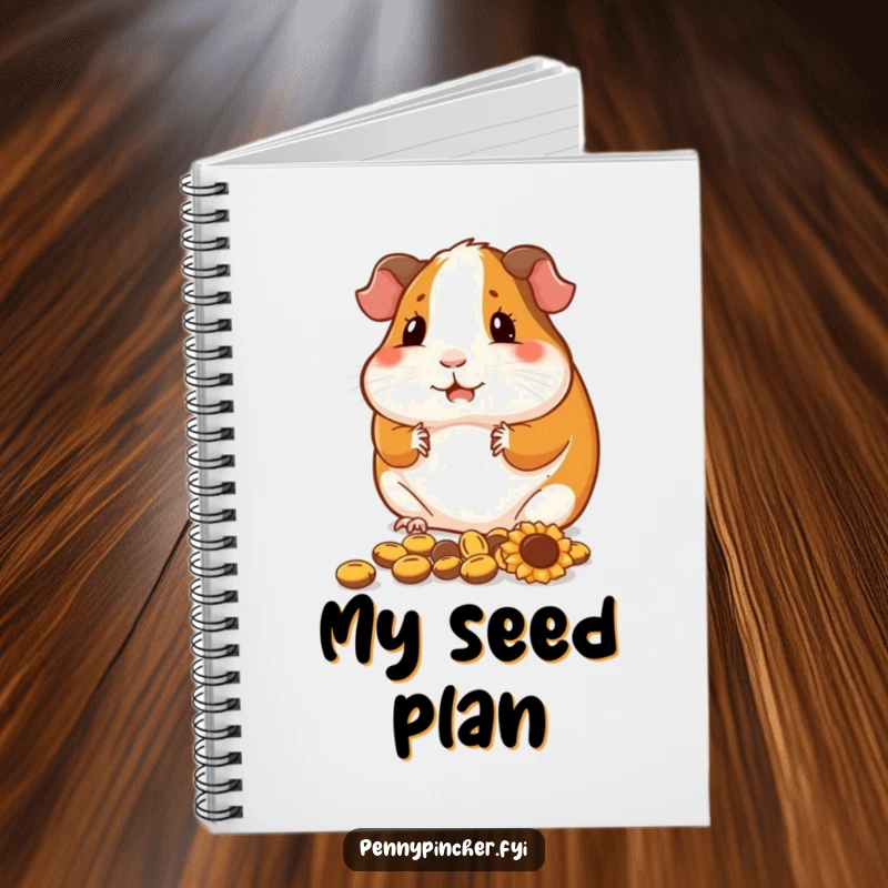 Funny guinea pig notebook, a contented character arranging seeds, perfect for writing down organized ideas.