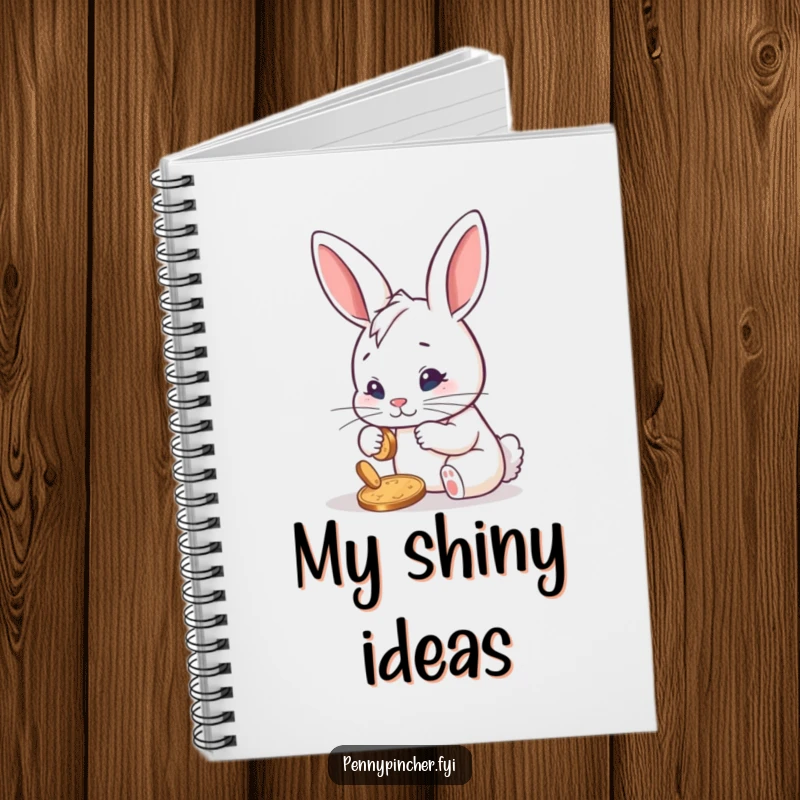 Funny notebook with a determined rabbit character meticulously polishing a single shiny penny, ideal for note-taking with a humorous, ambitious theme.