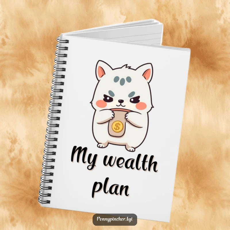 Funny notebook, determined animal character with a coin purse, symbolizing organized thoughts and careful planning with a humorous design.