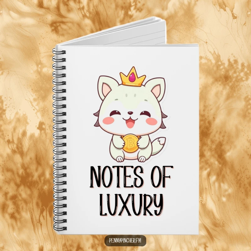 Funny beaming animal character wearing a coin as jewelry, featured on the cover of a lined notebook for stylish writing.
