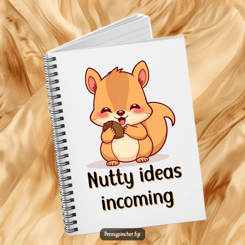 Funny notebook cover with a happy squirrel character stuffing its cheeks with acorns, looking pleased, ideal for jotting down brilliant ideas.
