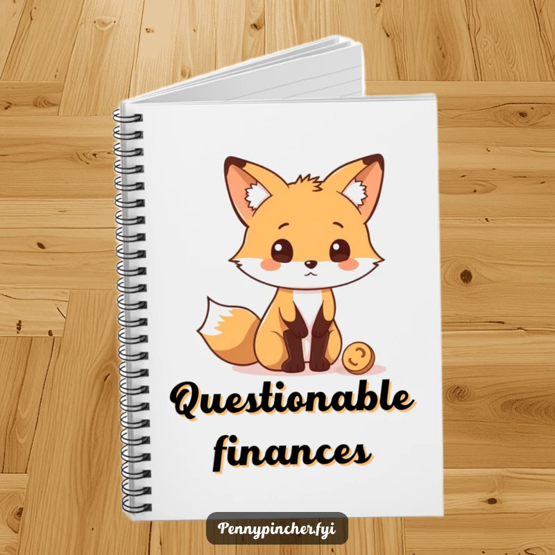 Funny Notebook featuring a fox character looking quizzically at a coin, perfect for note-taking and reflection.