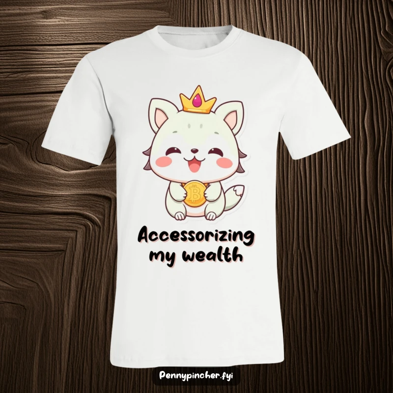 Funny beaming animal character wearing a coin as stylish jewelry, featured on a comfortable and fashionable graphic t-shirt.
