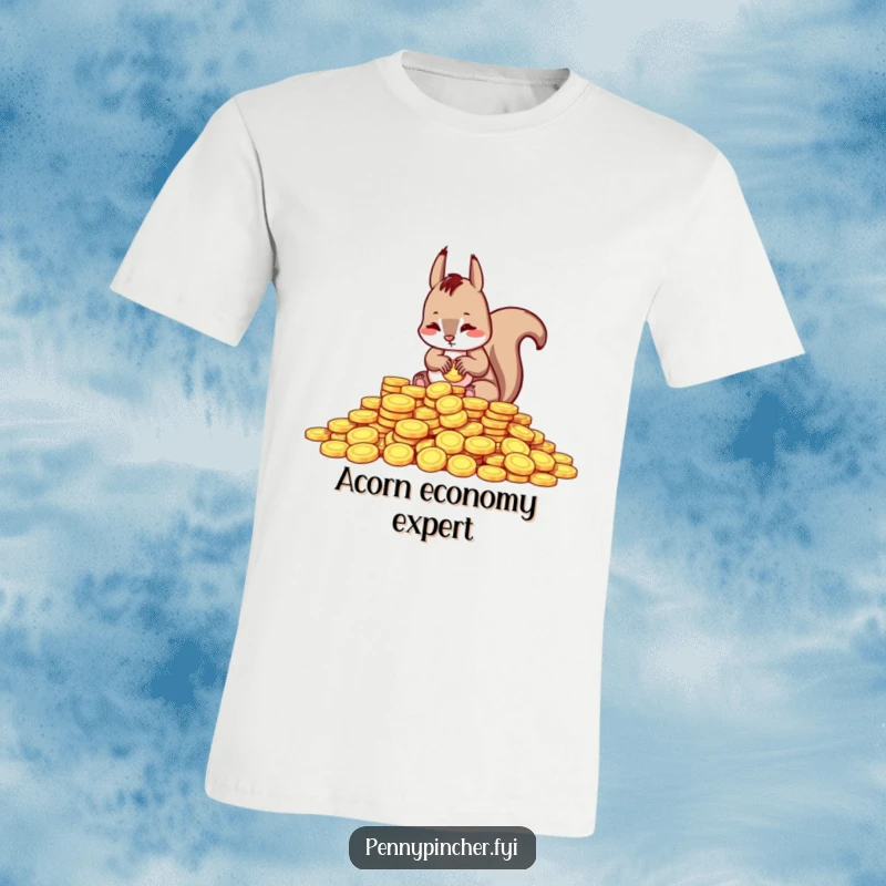 Funny t-shirt graphic of a squirrel character intensely counting a heap of shiny coins, symbolizing financial focus and humor.