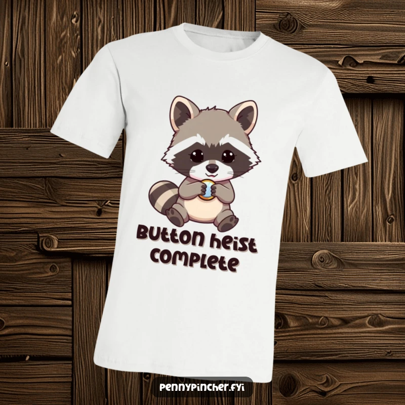 Funny raccoon t-shirt, a mischievous raccoon character intensely focused on a single shiny button, great for gift.