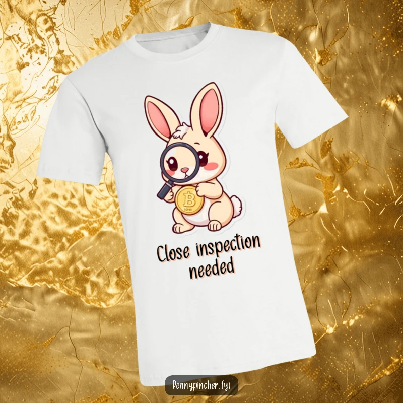 Funny rabbit t-shirt featuring a curious rabbit using a magnifying glass to inspect a coin, highlighting attention to detail and humor.