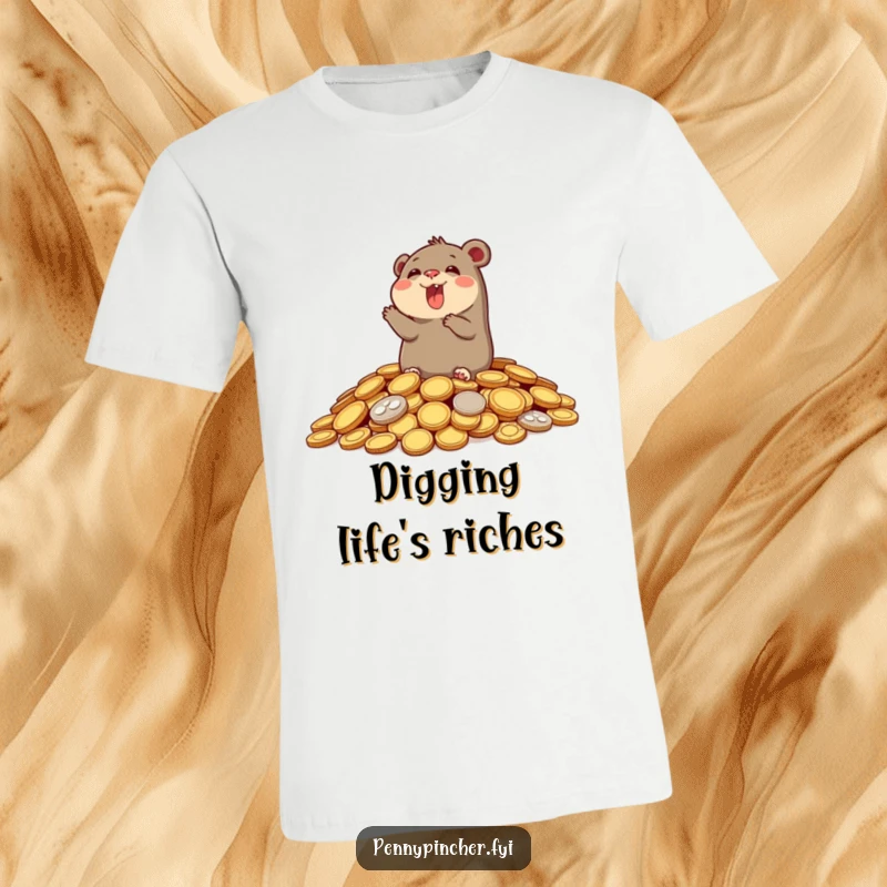 Funny t-shirt showcasing an ecstatic mole popping up from a treasure trove of gold coins, expressing pure joy and financial delight.