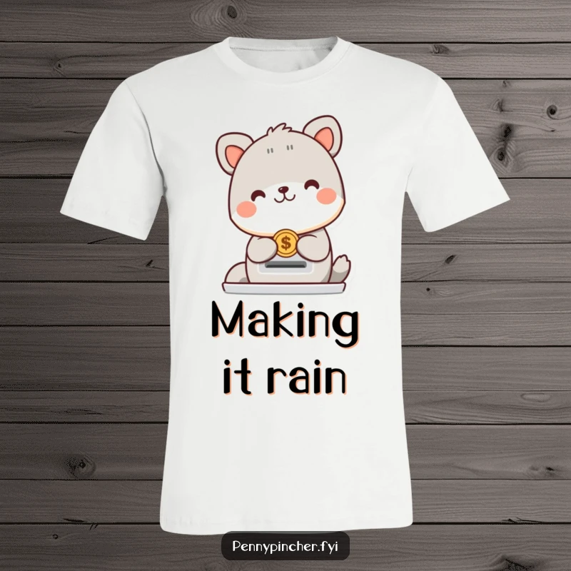 Funny animal character t-shirt showing a cheerful creature happily placing a coin into a slot, ideal for optimists who enjoy humorous apparel.