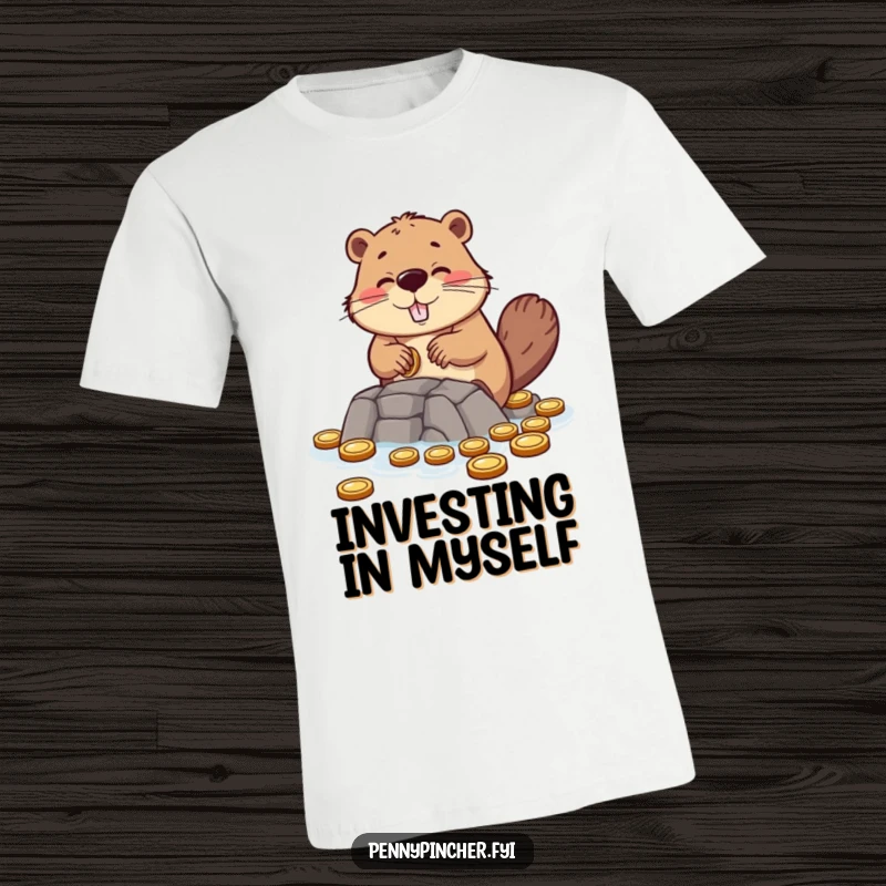 Funny T-shirt depicting a hopeful beaver character meticulously building a dam out of small coins, representing perseverance.