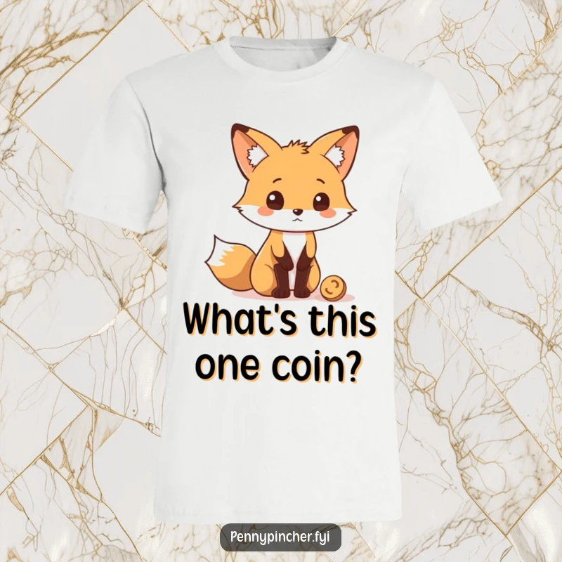 Funny T-Shirt with a curious fox character examining a lone coin with a quizzical expression, highlighting intrigue.