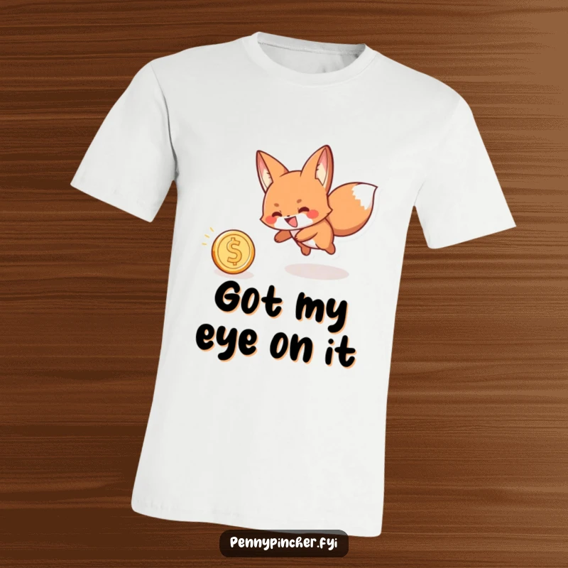 Funny t-shirt depicting a playful fox with a grin, chasing after a rolling coin, representing fun and opportunity.