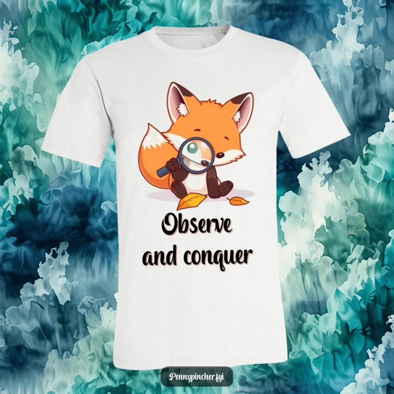 Funny t-shirt showcasing a focused fox using a magnifying glass to meticulously inspect a single fallen autumn leaf.