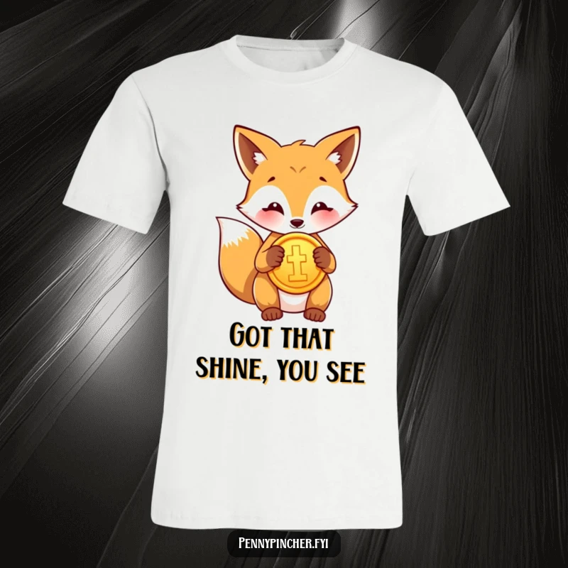 Funny T-shirt with a proud fox character gleefully polishing a shiny gold coin, a symbol of success and ambition.
