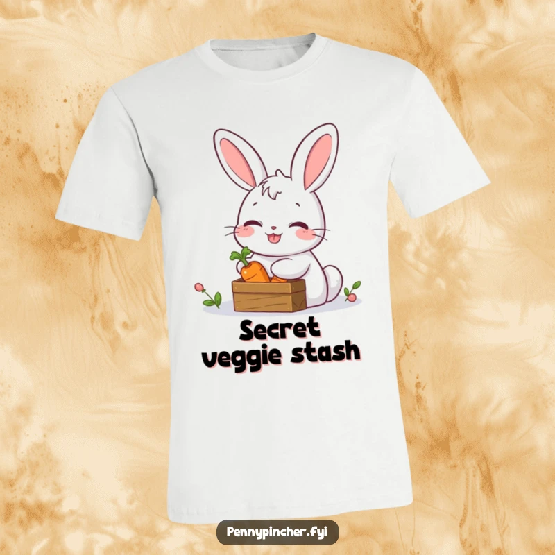Funny t-shirt depicting a giggling rabbit hiding a single carrot within a small treasure chest, symbolizing a playful and cherished secret.