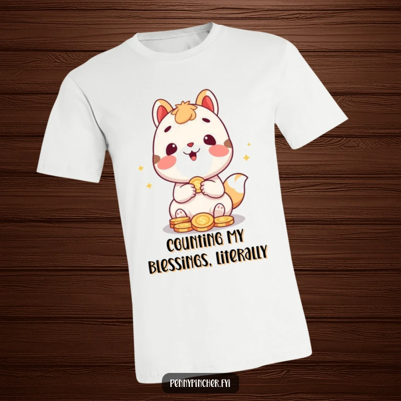 Funny t-shirt printing a cute animal character joyfully counting a stack of coins with glee, a humorous and rich design, great funny gift.