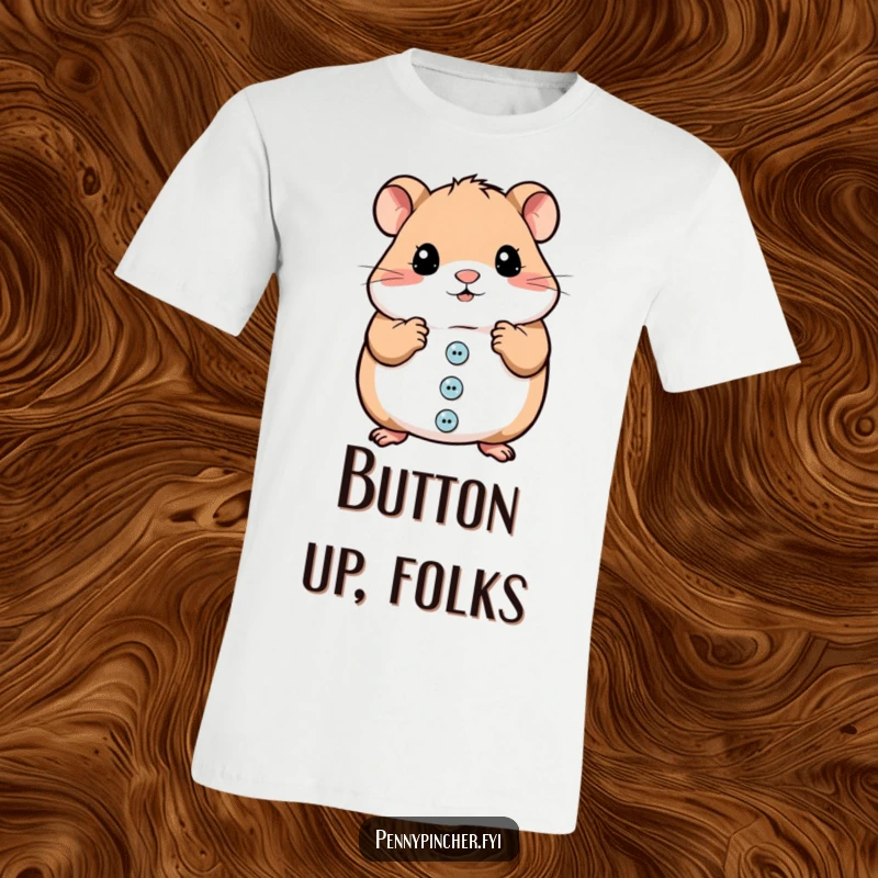 Funny T-shirt featuring a detailed hamster character meticulously organizing a pile of shiny buttons with utmost care.