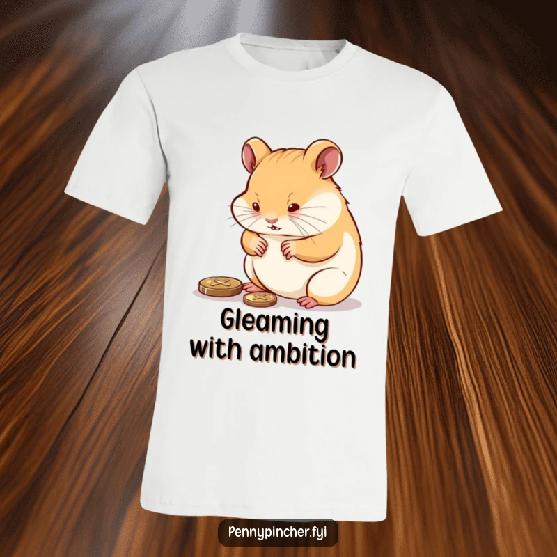 Funny determined hamster carefully polishing a shiny penny, a humorous and inspiring t-shirt.